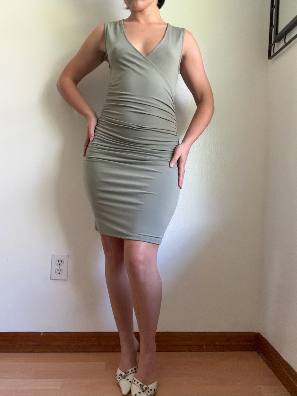 Leith Sage Green Sleeveless Wrap-Front Midi Dress